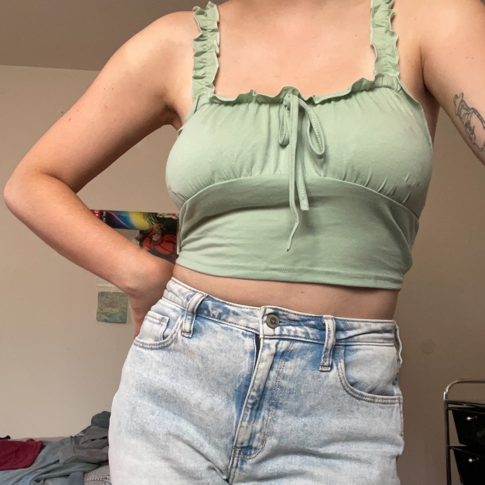 SHEIN Green Ruched Ruffle Tank Top